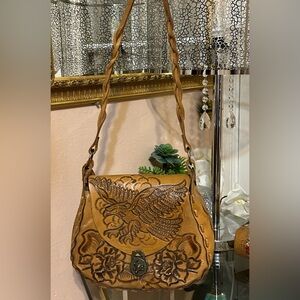 Vintage Handmade Tan Leather Shoulder Bag with Embossed Eagle